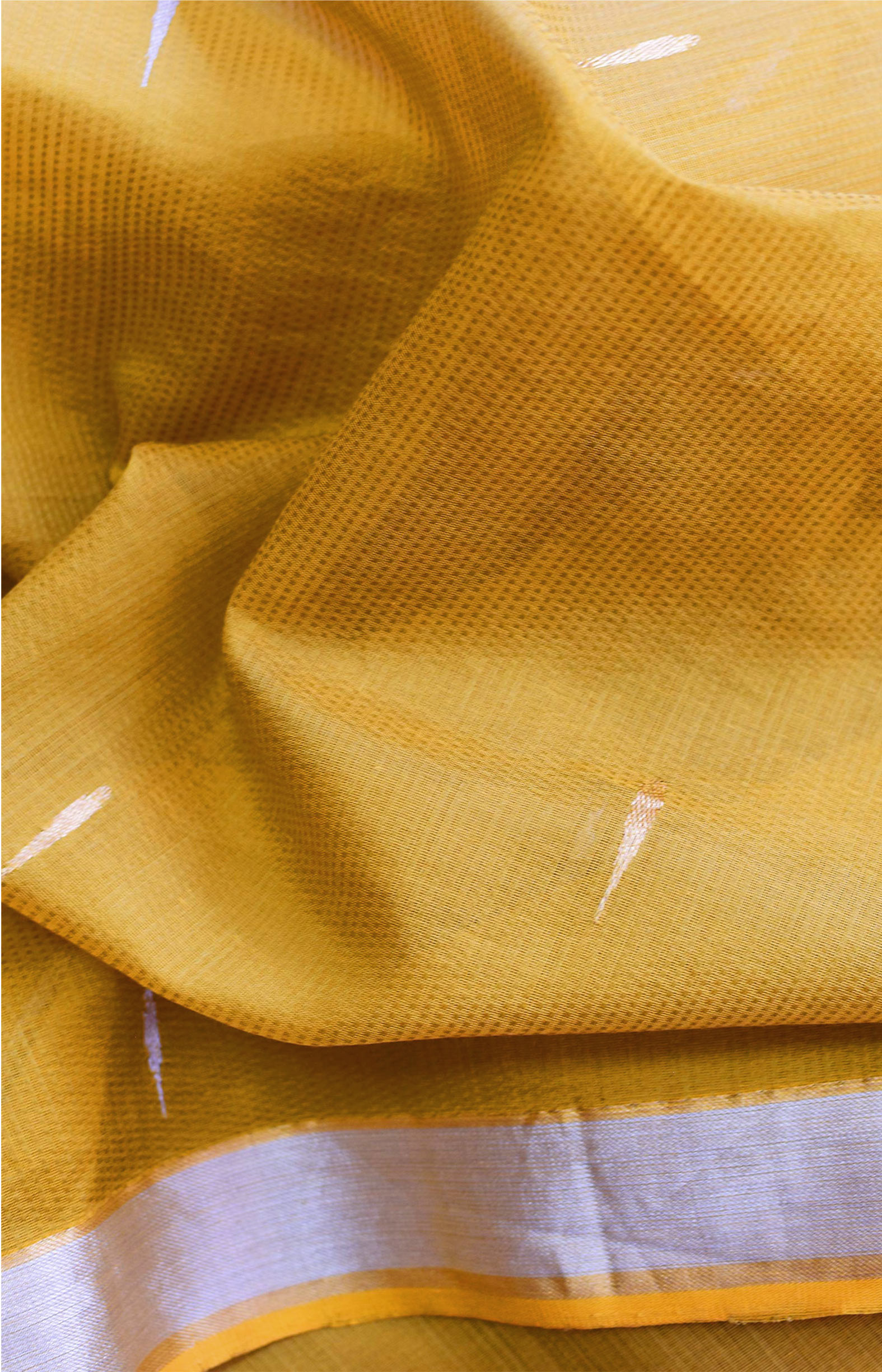 Mustard Yellow, Handwoven Organic Cotton, Textured Weave , Jacquard, Festive Wear, Jari, Butta Saree